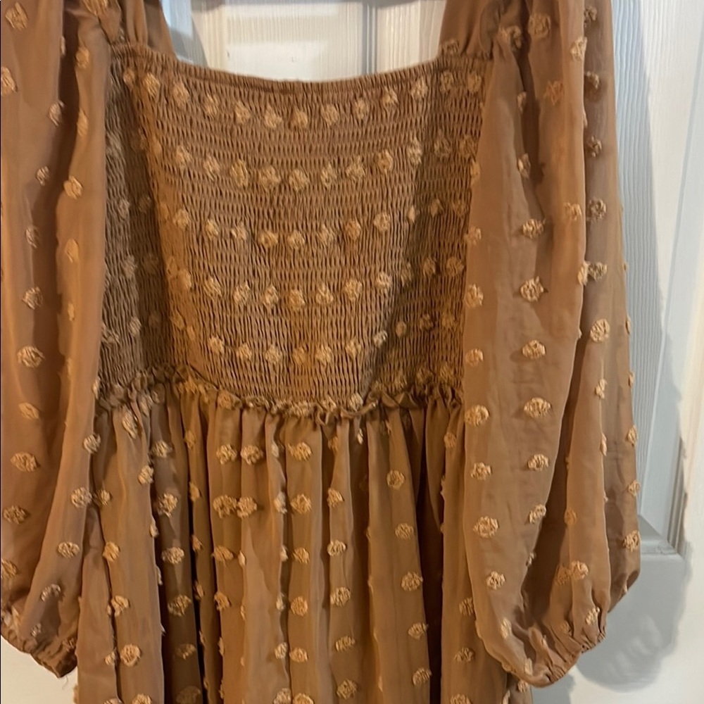 Elegant Long Sleeve Smocked Dress in Brown - Picture 9 of 11